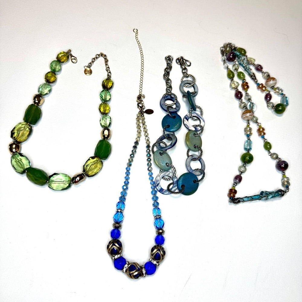 Lot‎ 4 Statement Beaded Necklaces Colorful Glass Crystal Shell Y2K Boho Retro